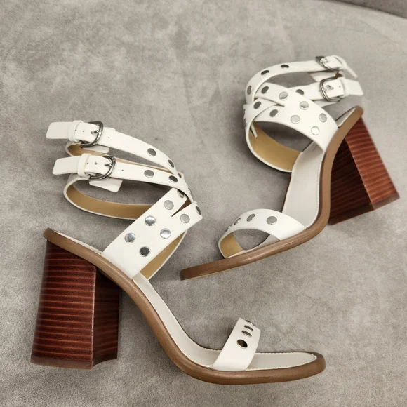 Michael Kors Heeled Sandals 7.5 White Woven Leather Irene Studded Silver New$195